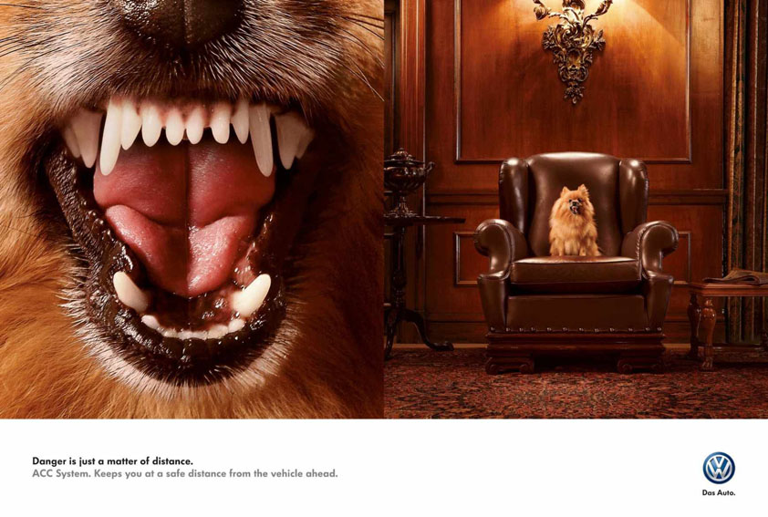عکس تبلیغات خلاقانه فلکس واگن با شعار "خطر فقط ربط به فاصله دارد" vwdog_aotw